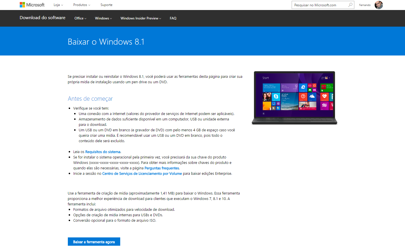 Baixando o Windows 8.1 32/64 bits